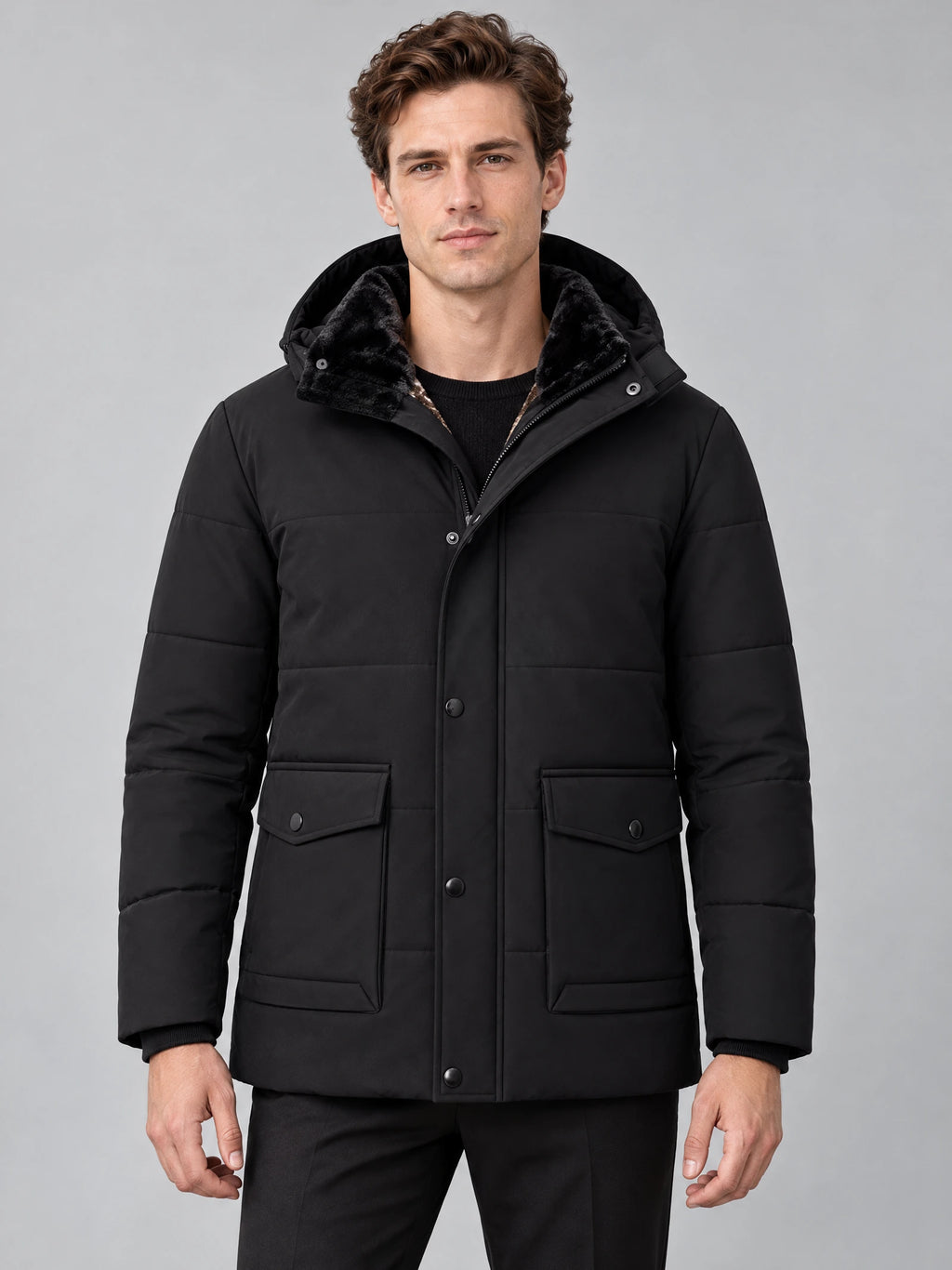 Model wearing a Black heavy winter jacket in a front studio view, featuring a fleece-lined stand collar, snap-button placket, and flap pockets.