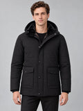Model wearing a Black heavy winter jacket in a front studio view, featuring a fleece-lined stand collar, snap-button placket, and flap pockets.