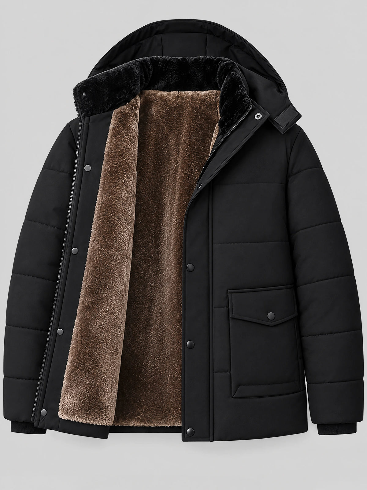 Black Heavy Winter Jacket laid flat with an open front revealing plush fleece lining, quilted sleeves, and a snap-flap pocket.