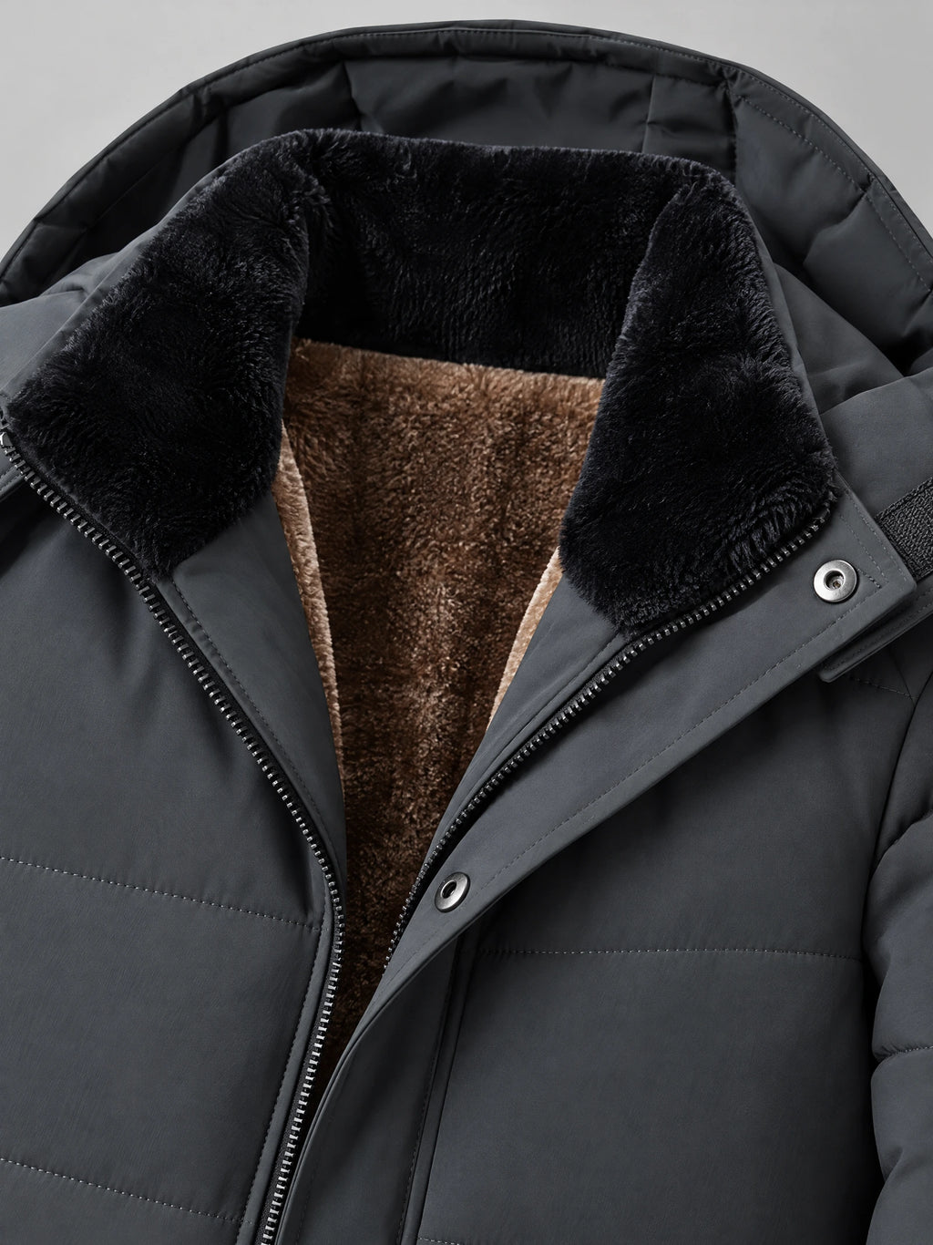 Gray Heavy Winter Jacket close-up showing the plush fleece-lined stand collar, zip front, and snap placket.