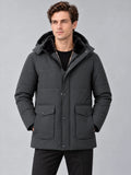 Front studio view of a model wearing a Gray Heavy Winter Jacket with a fleece-lined stand collar, snap-front closure, and flap pockets.