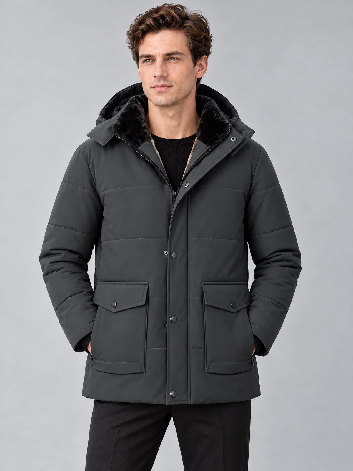 Front studio view of a model wearing a Gray Heavy Winter Jacket with a fleece-lined stand collar, snap-front closure, and flap pockets.