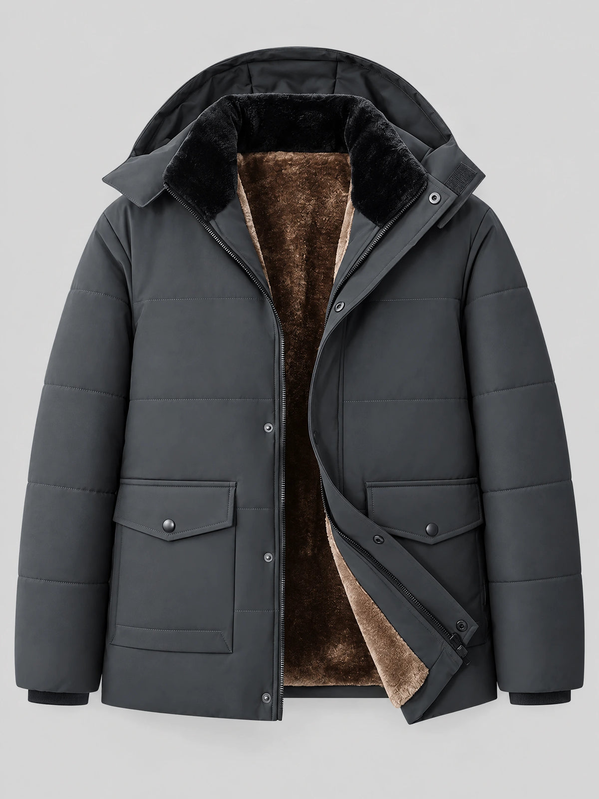 Gray heavy winter jacket laid flat with an open front, fleece lining, hood, snap-flap pockets, and zip closure.