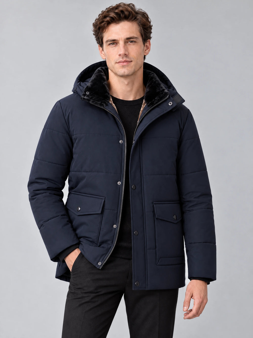 Front studio view of a model wearing a Navy heavy winter jacket with a fleece-lined stand collar, zip front, and flap pockets.