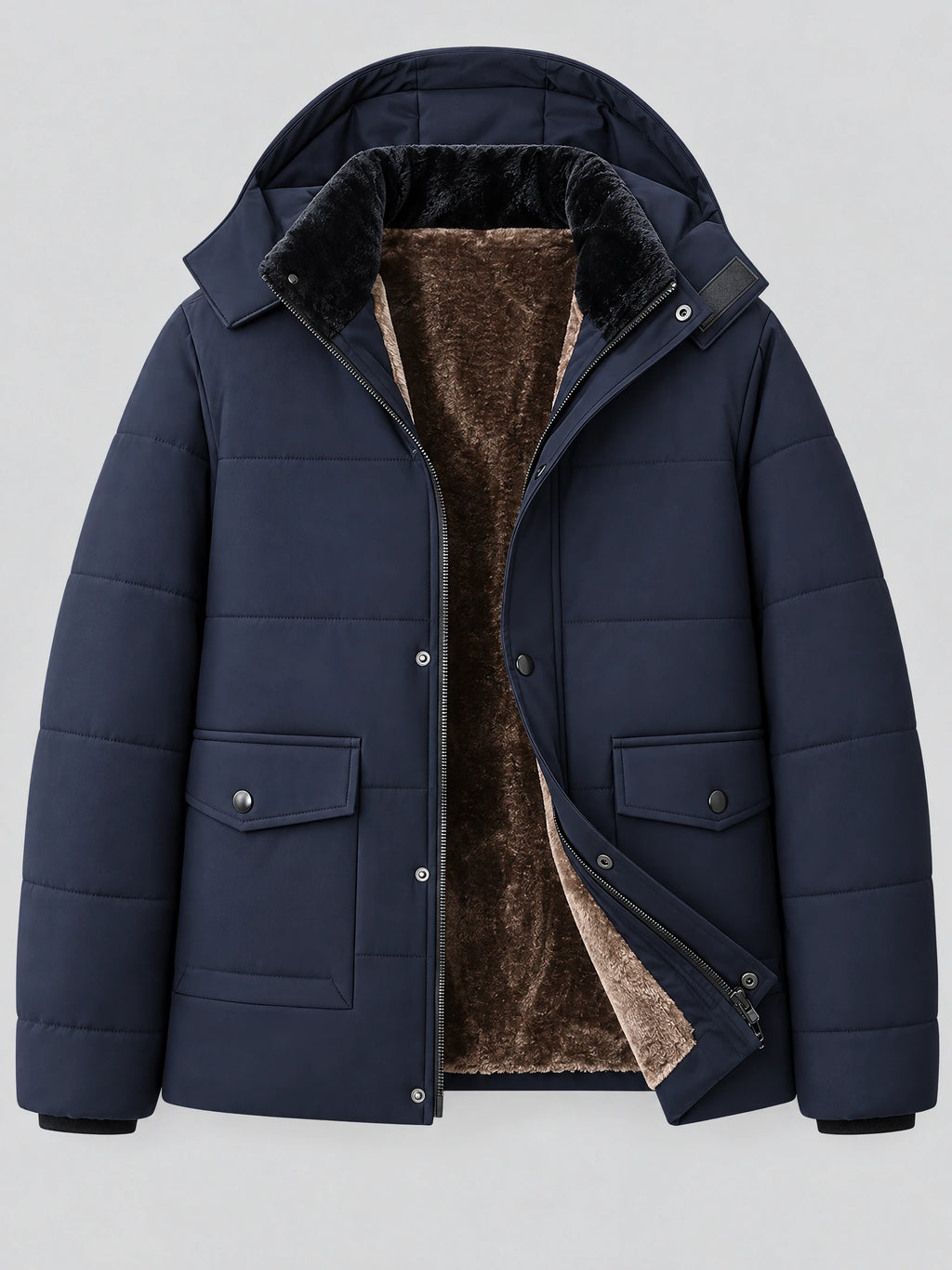 Navy Heavy Winter Jacket laid flat with an open front revealing plush fleece lining, a hood, and snap-flap pockets.