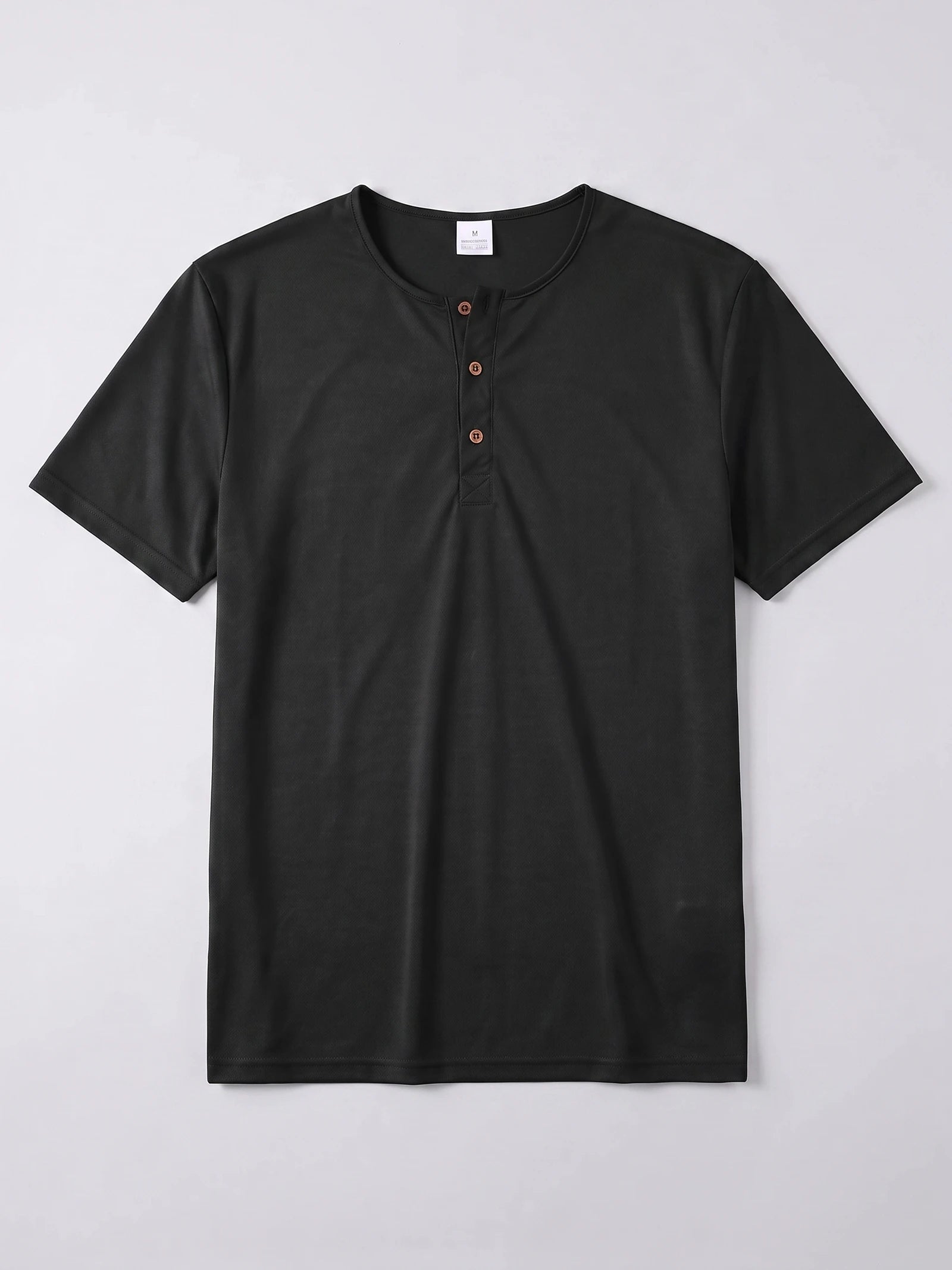 Black men's Henley T-shirt laid flat, featuring short sleeves and a three-button collar placket.