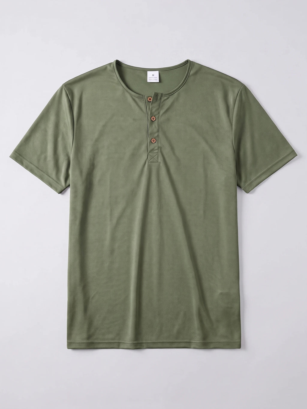 Green Henley T-shirt laid flat, featuring short sleeves and a three-button collar placket.