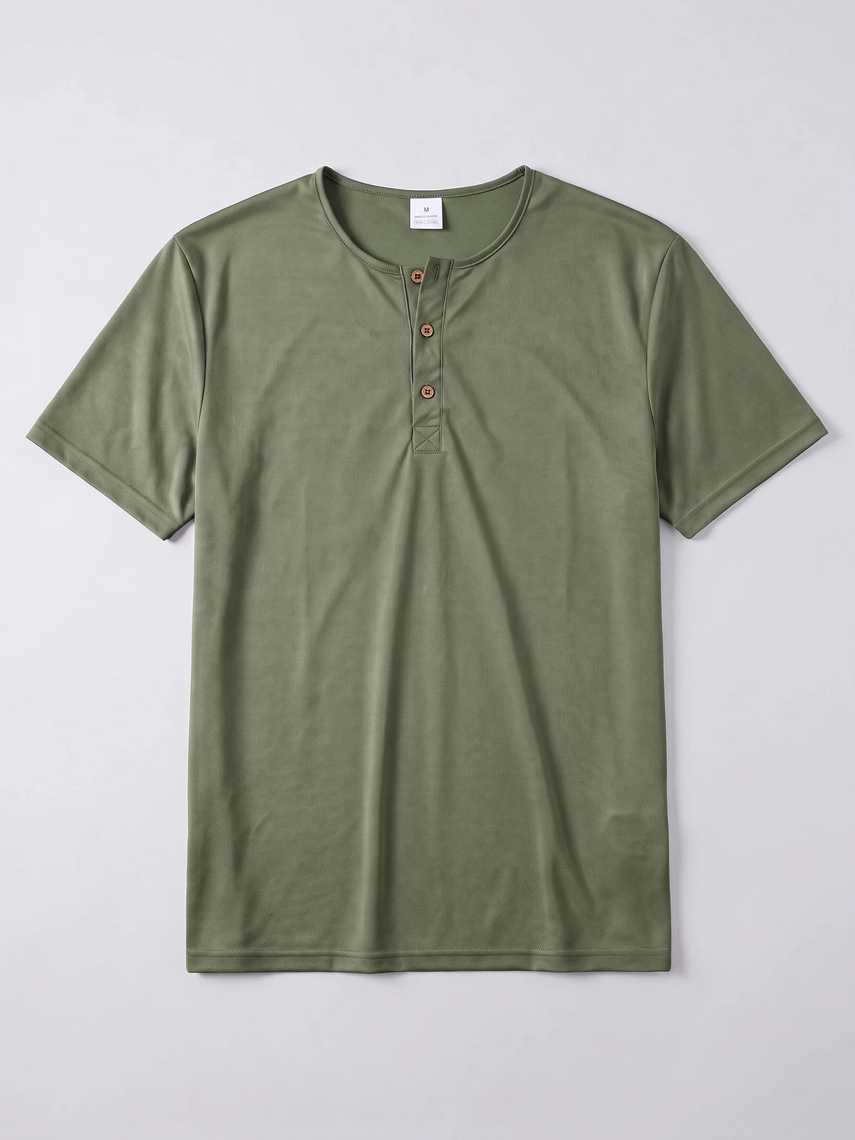 Green Henley T-shirt laid flat, featuring short sleeves and a three-button collar placket.