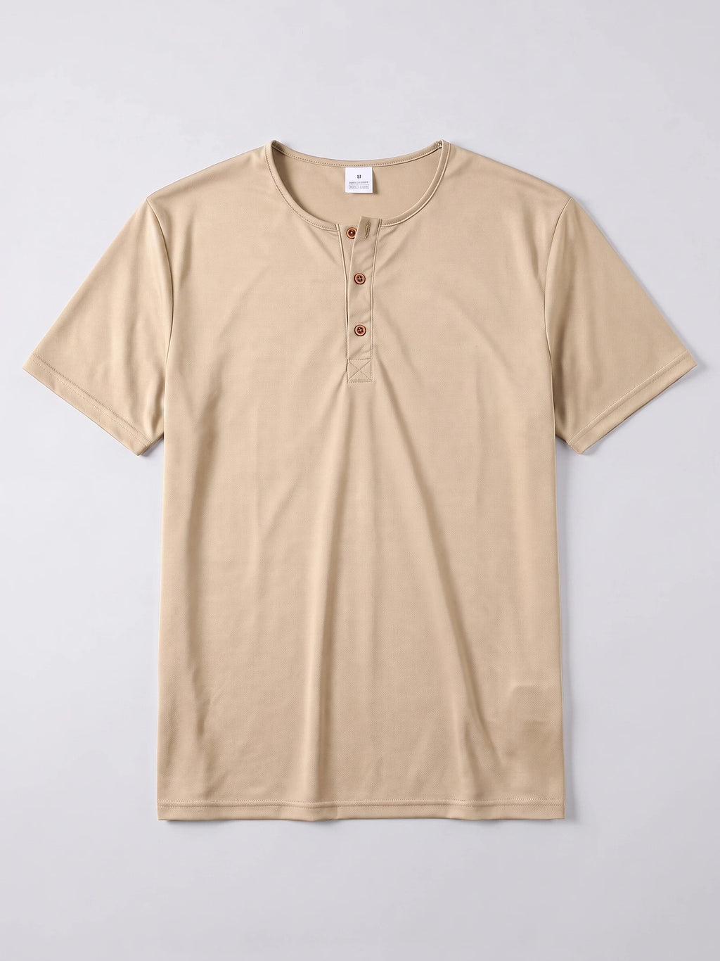Khaki men's Henley T-shirt laid flat, showing short sleeves and a three-button placket.