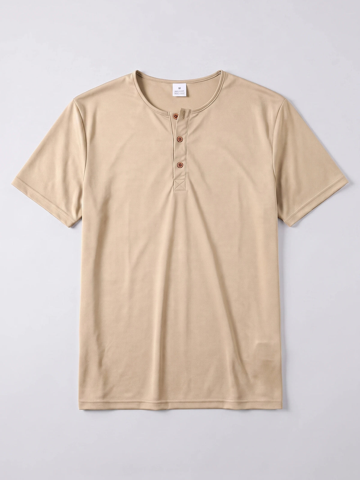 Khaki men's Henley T-shirt laid flat, showing short sleeves and a three-button placket.