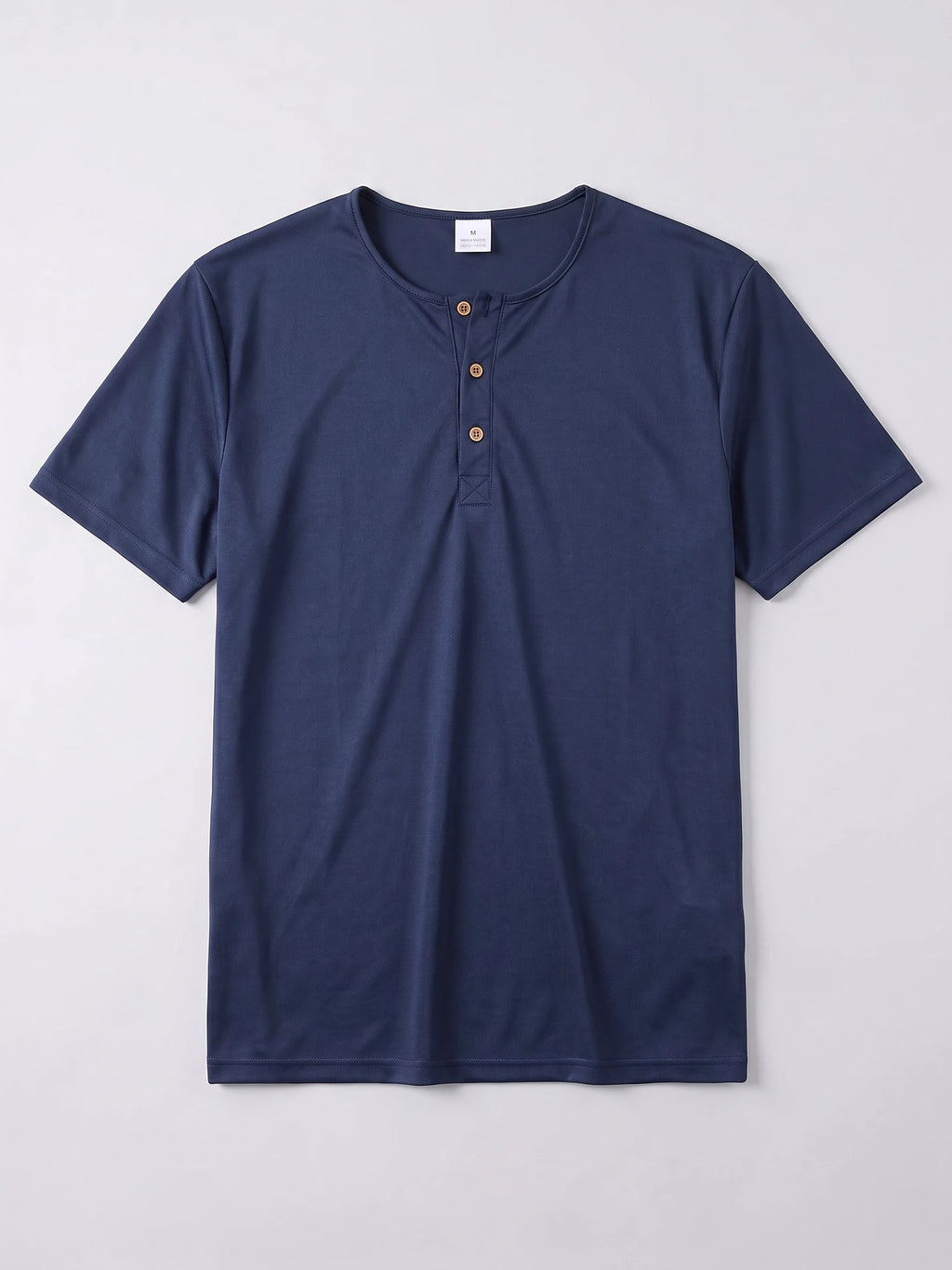 Navy Henley T-shirt laid flat, featuring short sleeves and a three-button collar placket.