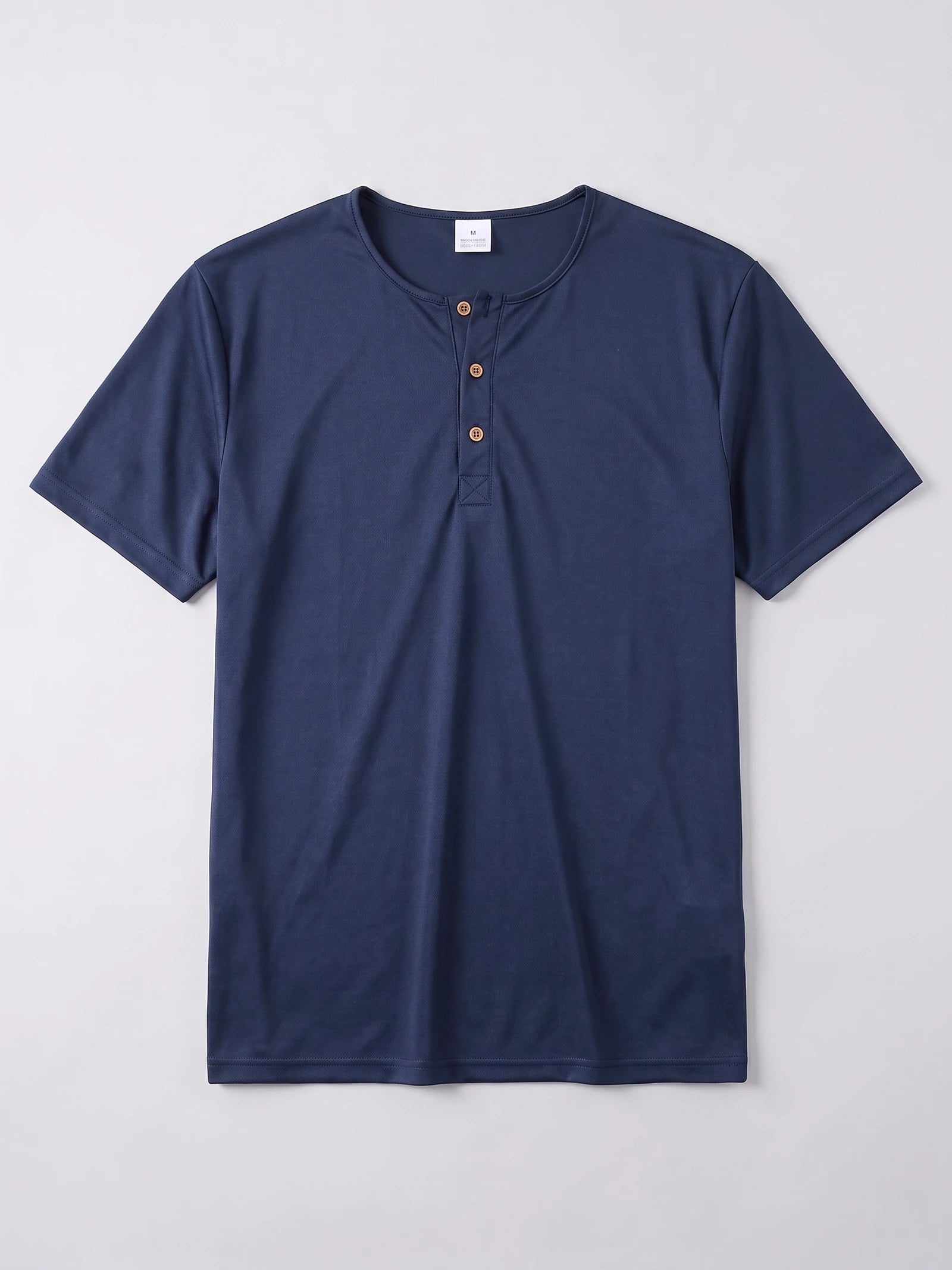 Navy Henley T-shirt laid flat, featuring short sleeves and a three-button collar placket.