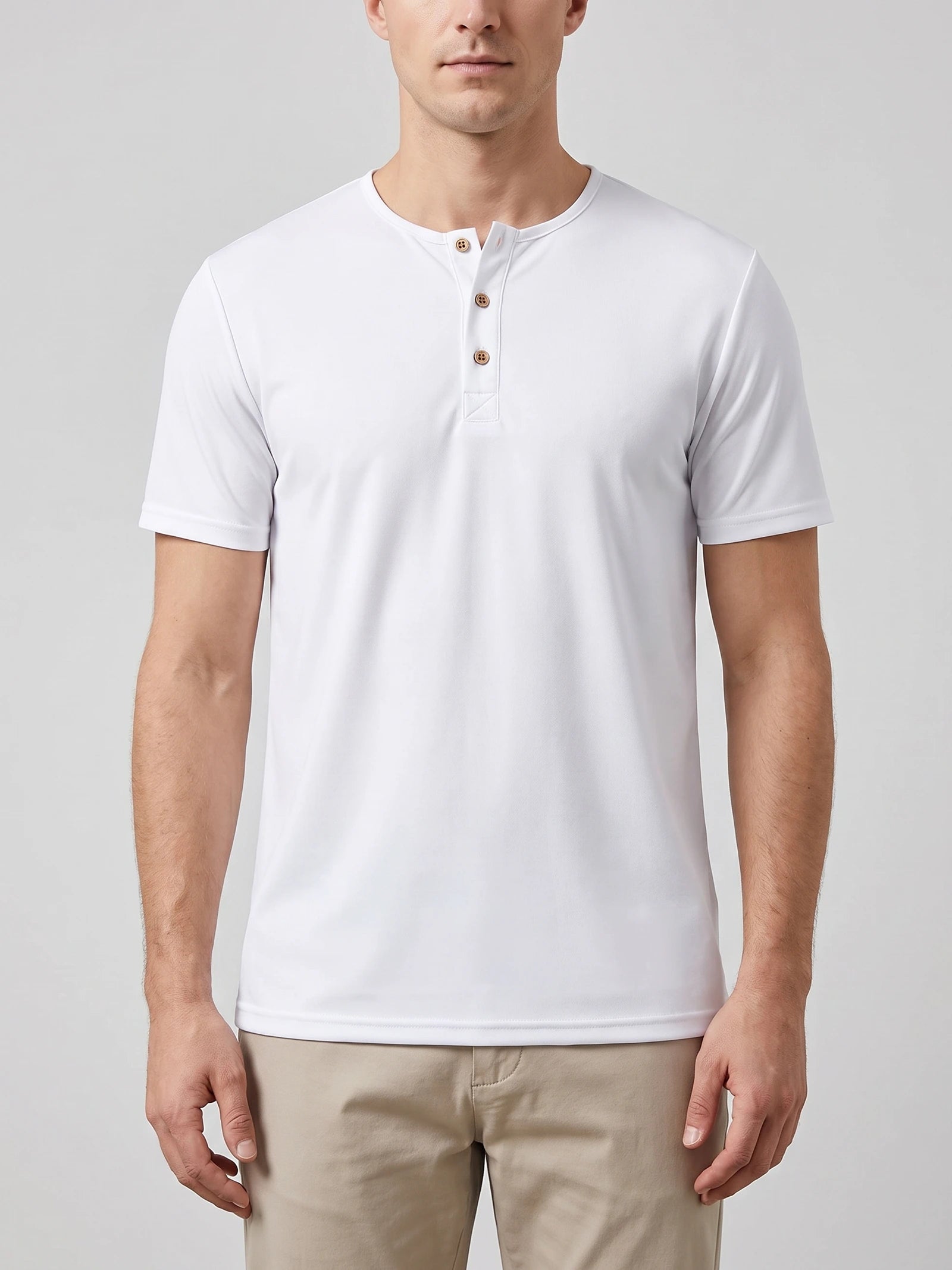 Front studio view of a model wearing a White Henley T-shirt with short sleeves and a three-button collar.
