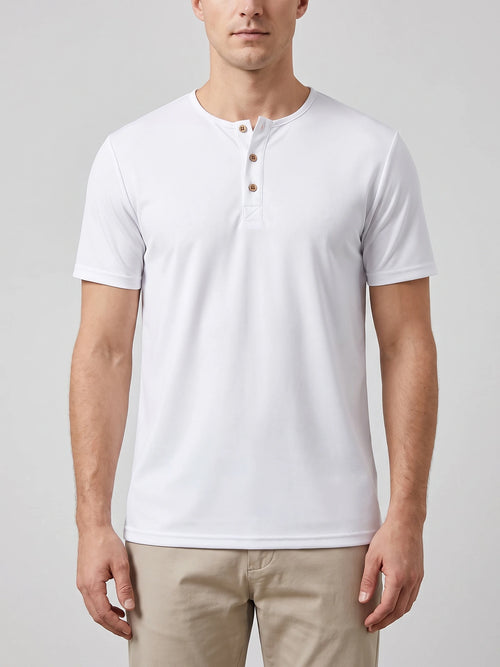 Front studio view of a model wearing a White Henley T-shirt with short sleeves and a three-button collar.