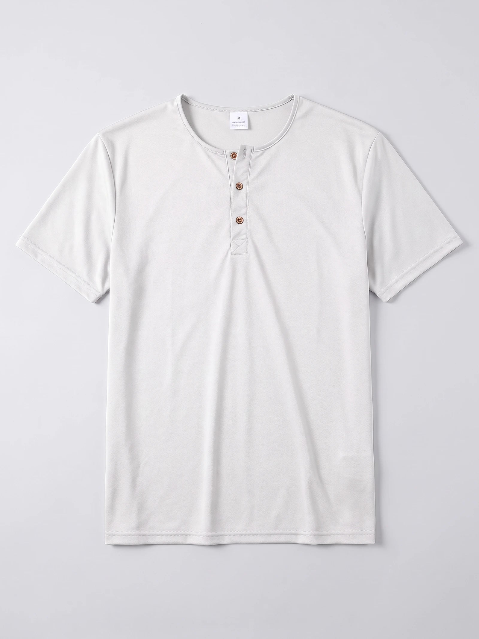 White men's Henley T-shirt laid flat, featuring short sleeves and a three-button placket.
