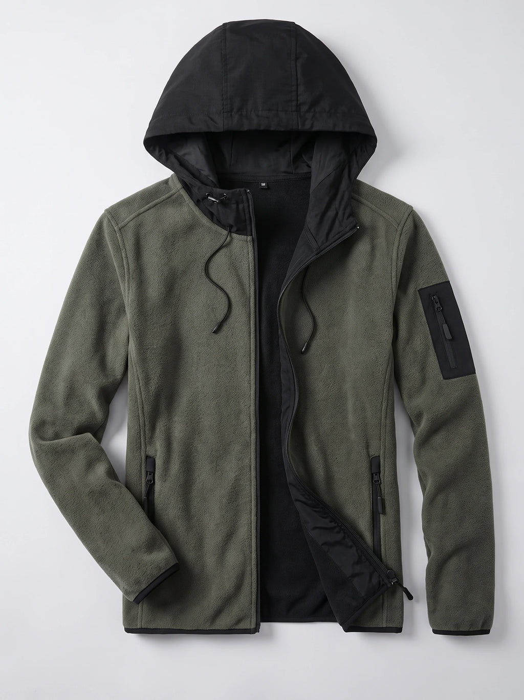 Green men’s fleece jacket laid flat with a hood, partially unzipped front, zip pockets, and sleeve pocket.