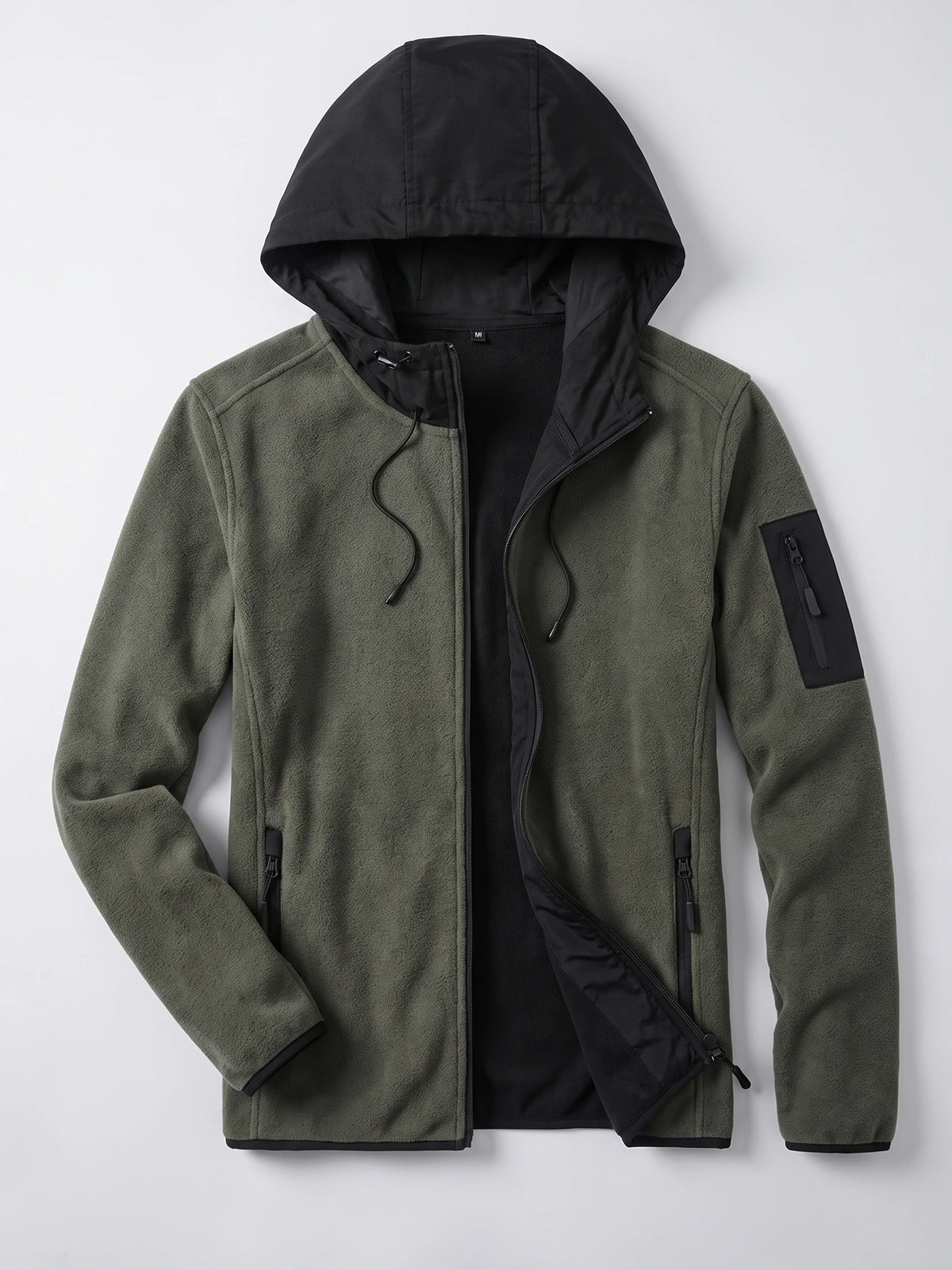 Green men’s fleece jacket laid flat with a hood, partially unzipped front, zip pockets, and sleeve pocket.