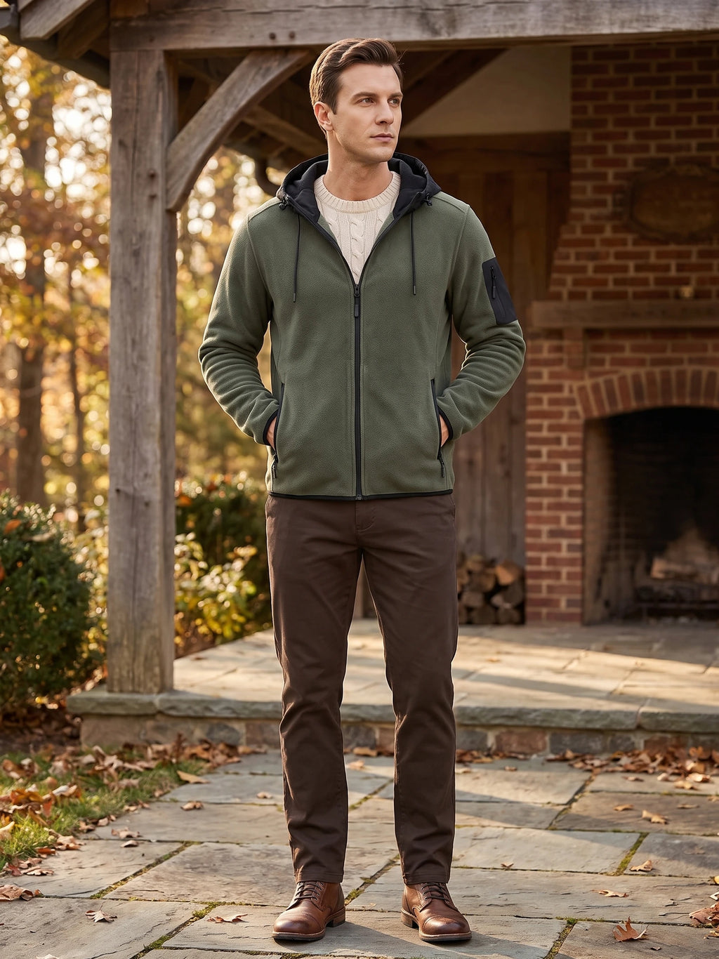 Man wearing a Green hooded Fleece Jacket with a full zip, front pockets, and sleeve zip pocket outside a brick home.