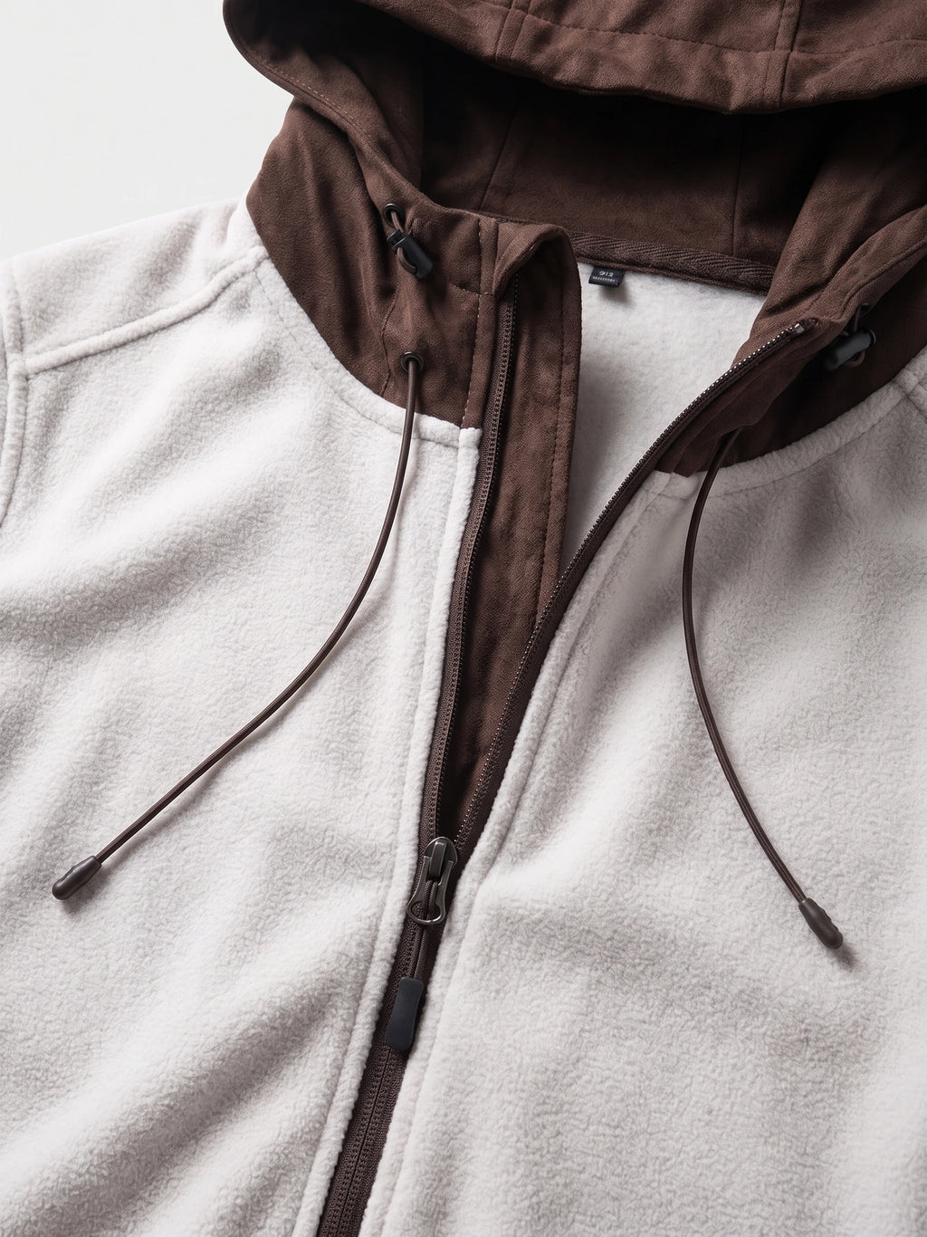 White men's Fleece Jacket close-up showing the soft fleece body, hood drawcords, and full front zipper.