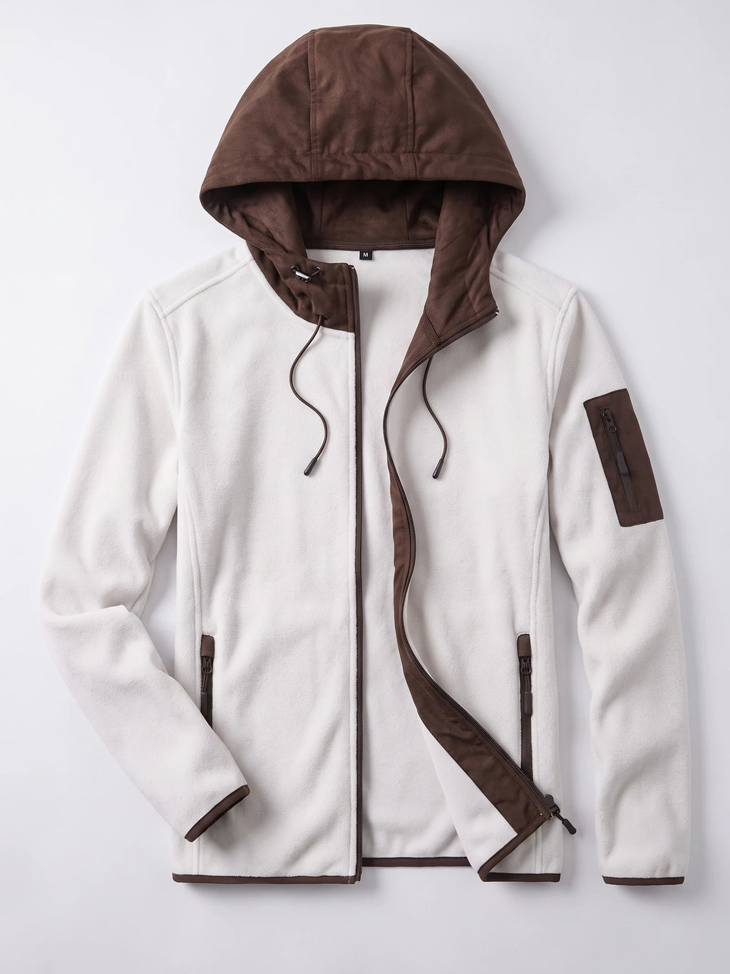 White men’s fleece jacket laid flat with a hood, full front zip, zip pockets, and sleeve pocket.