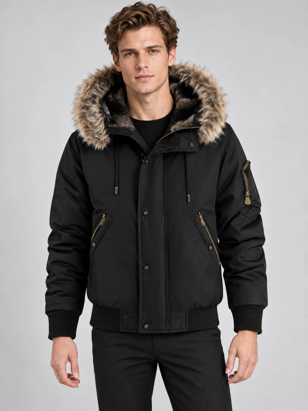 Front studio view of a model wearing a Black Hooded Fur Collar Jacket with zip pockets and a button-front placket.