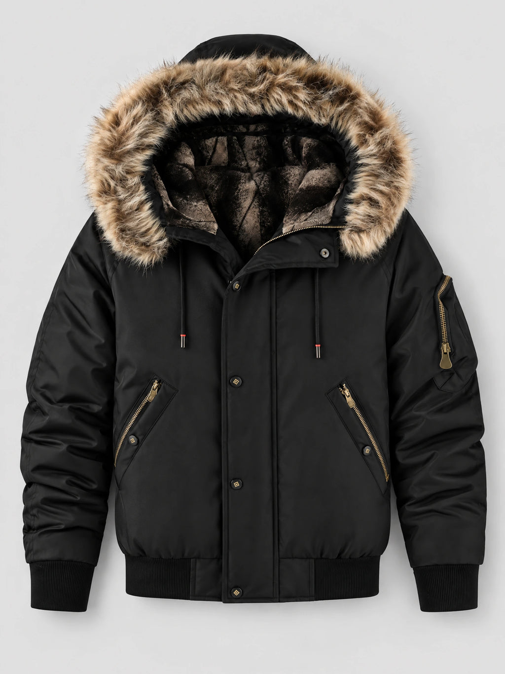 Black Hooded Fur Collar Jacket laid flat, showing fleece lining, front snap closure, zip pockets, and ribbed cuffs.
