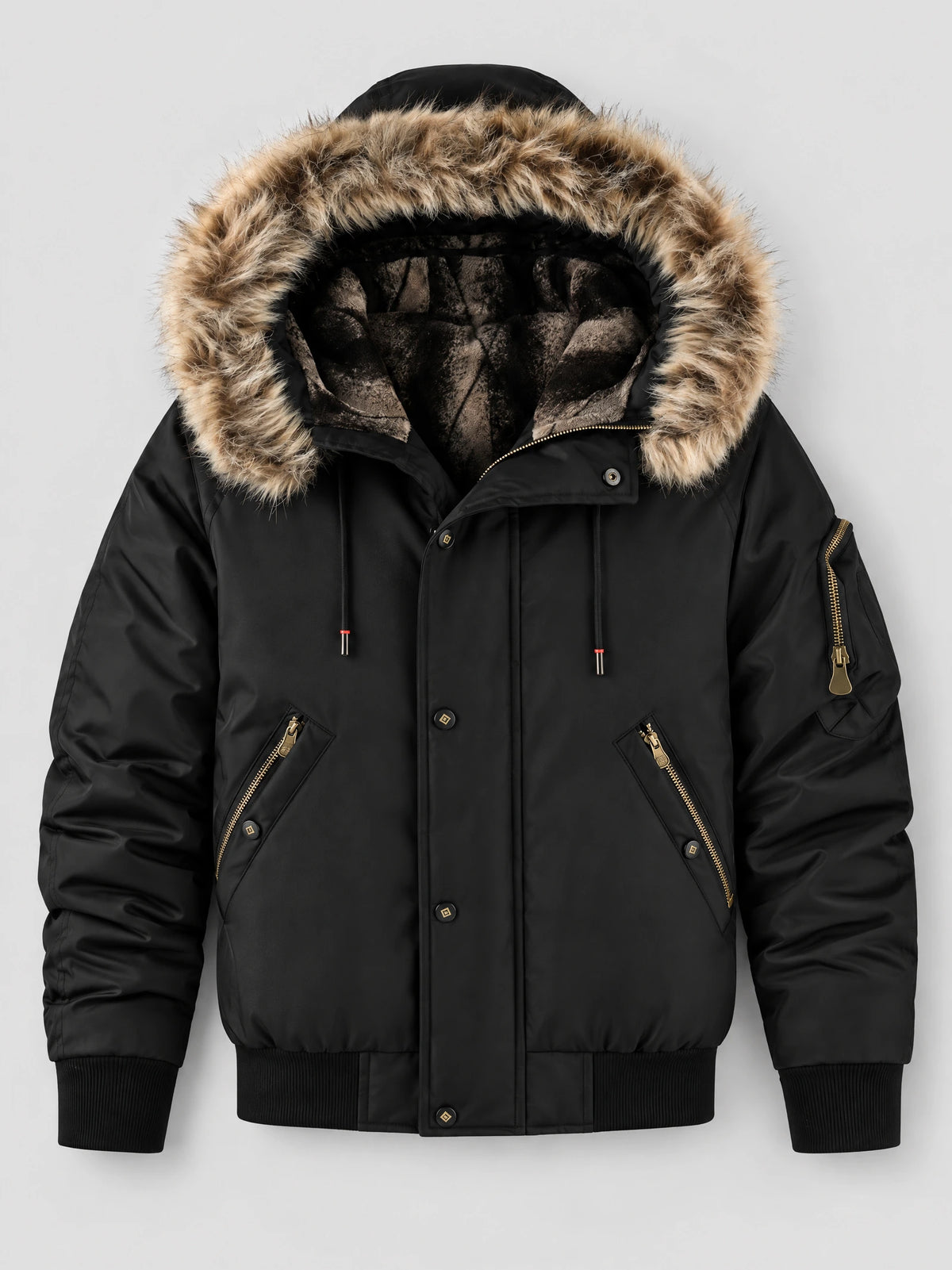 Black Hooded Fur Collar Jacket laid flat, showing fleece lining, front snap closure, zip pockets, and ribbed cuffs.