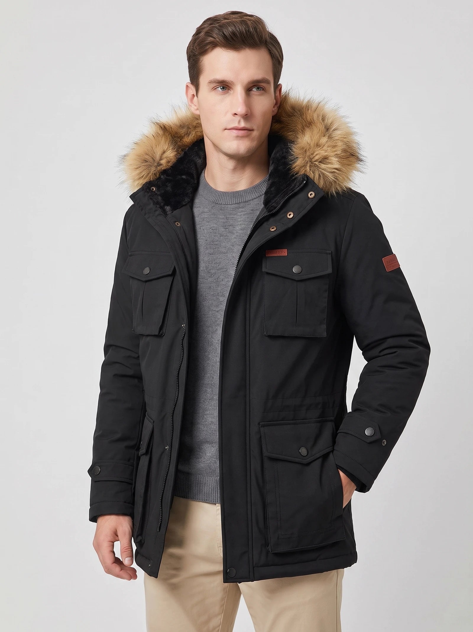 Front studio view of a model wearing a Black men's parka with a fur-trimmed hood, snap-flap pockets, and zip front.