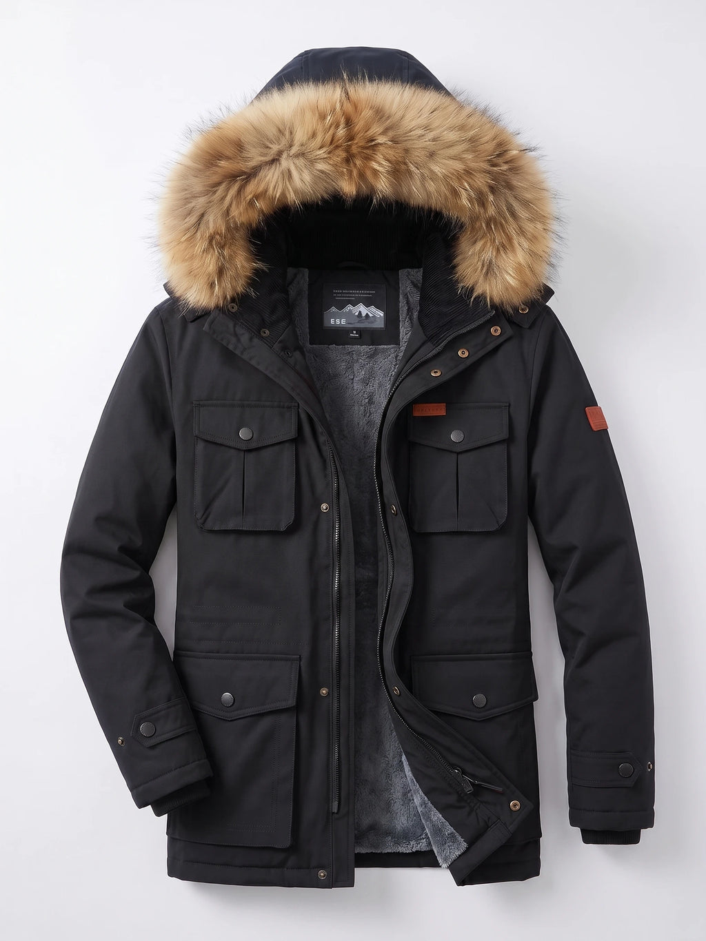 Black men's parka laid flat with a fur-trimmed hood, fleece lining, zip-and-snap front, and four flap pockets.