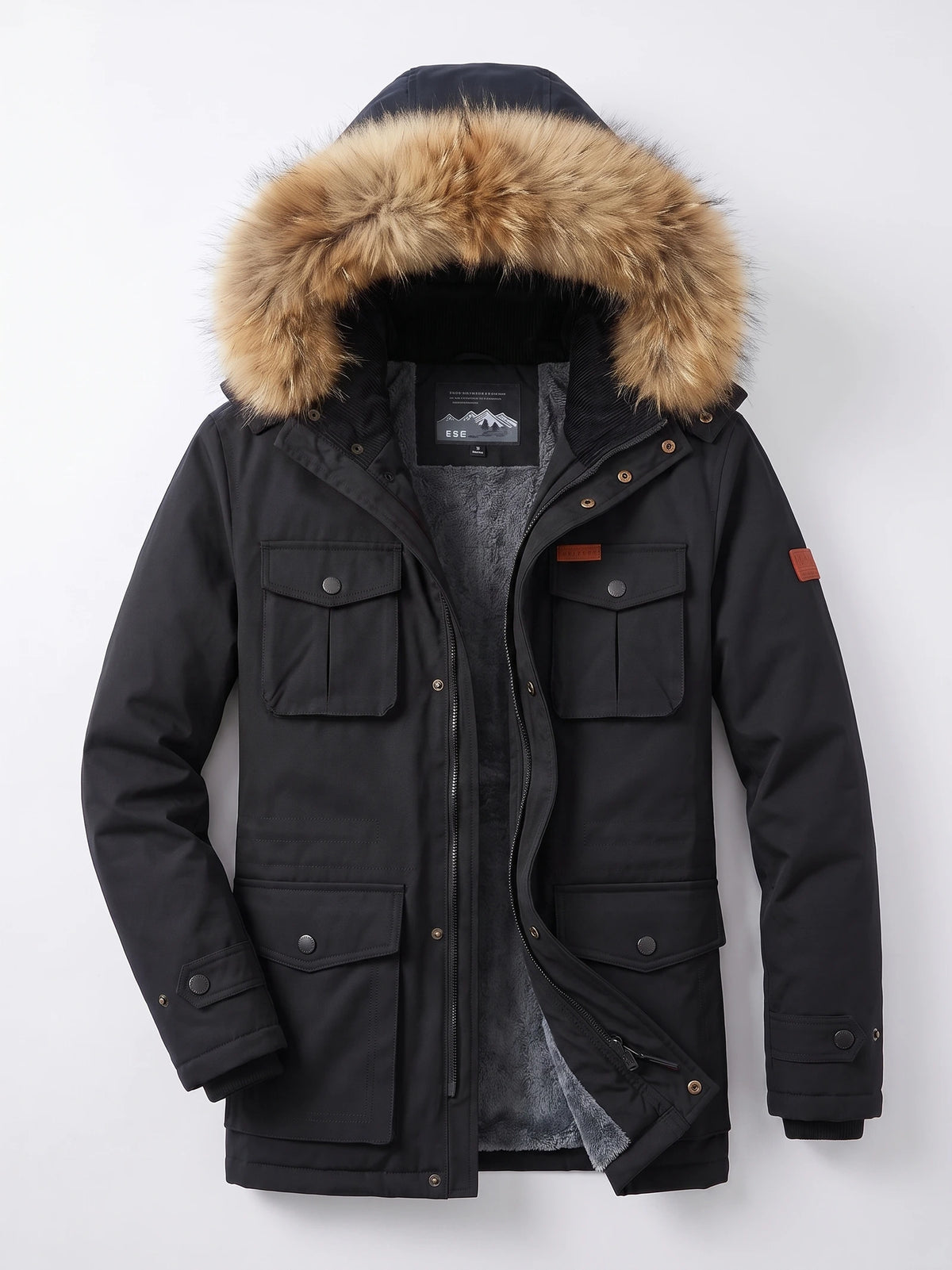 Black men's parka laid flat with a fur-trimmed hood, fleece lining, zip-and-snap front, and four flap pockets.