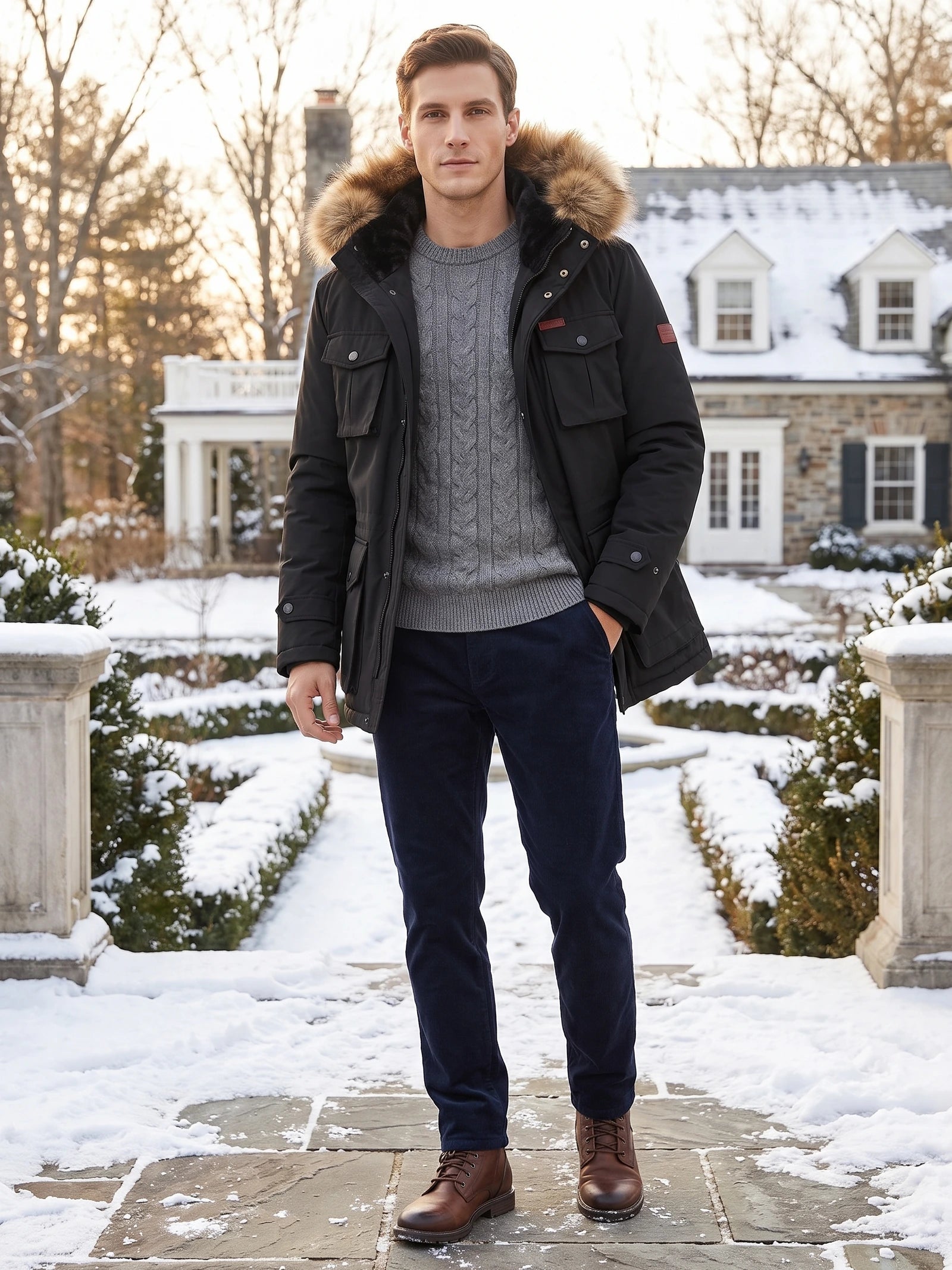 Model wearing a Black men’s parka with a fur-trimmed hood and flap pockets on a snow-covered walkway outside a house.