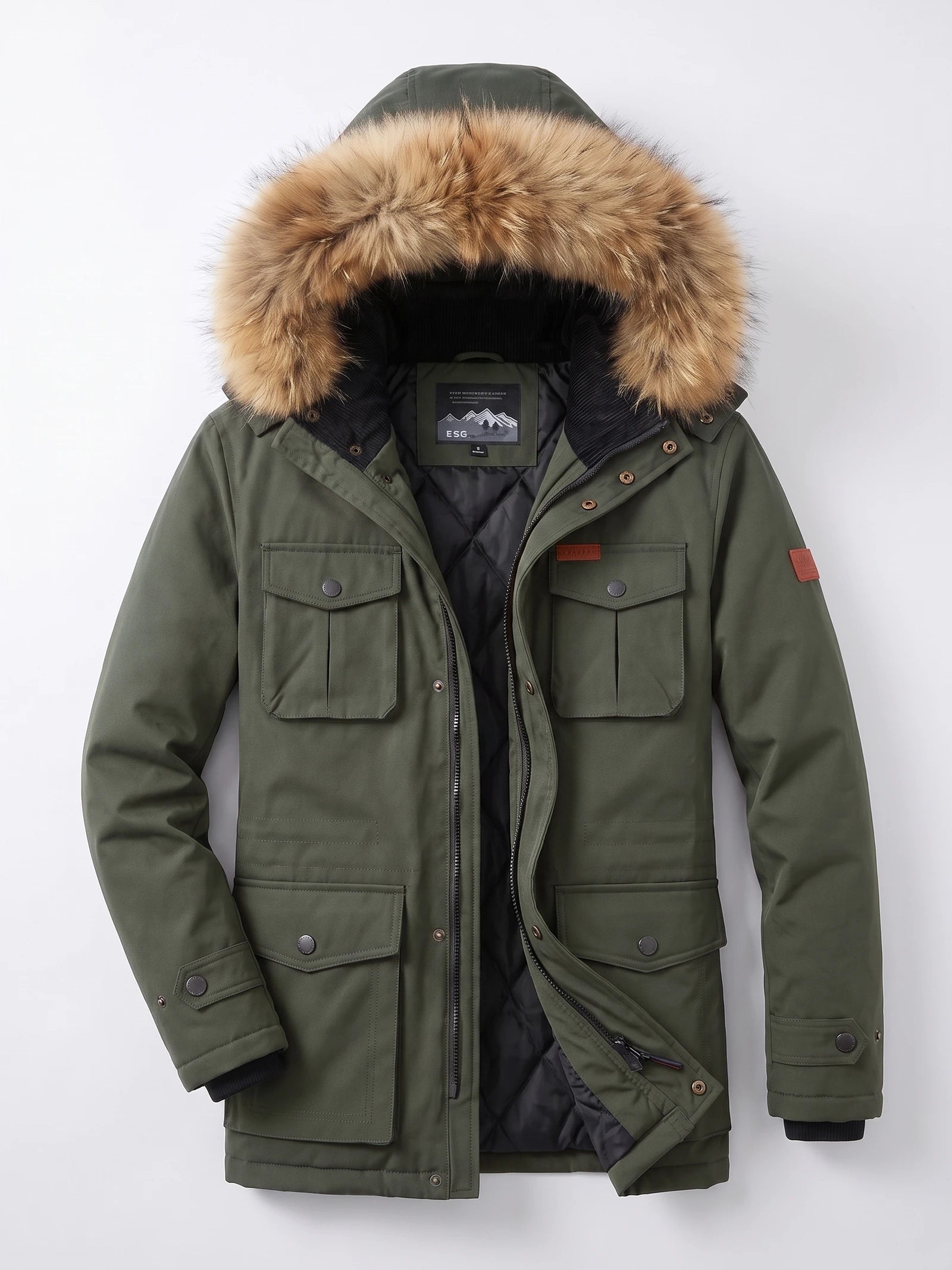 Green men’s parka laid flat with a fur-trimmed hood, open front, quilted lining, and four flap pockets.