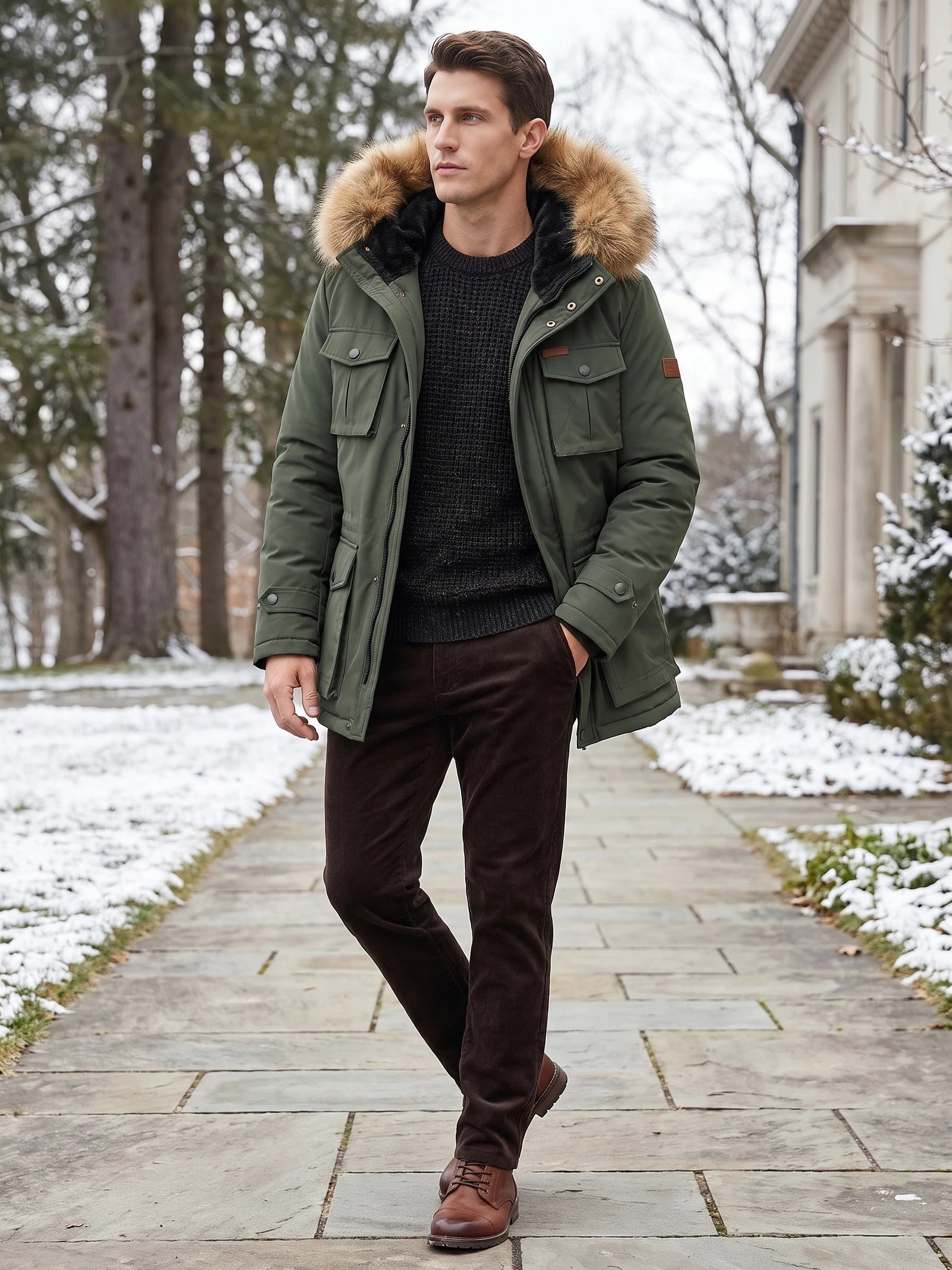 Man walking along a snowy path in a Green hooded parka with a fur-trimmed hood and flap pockets.