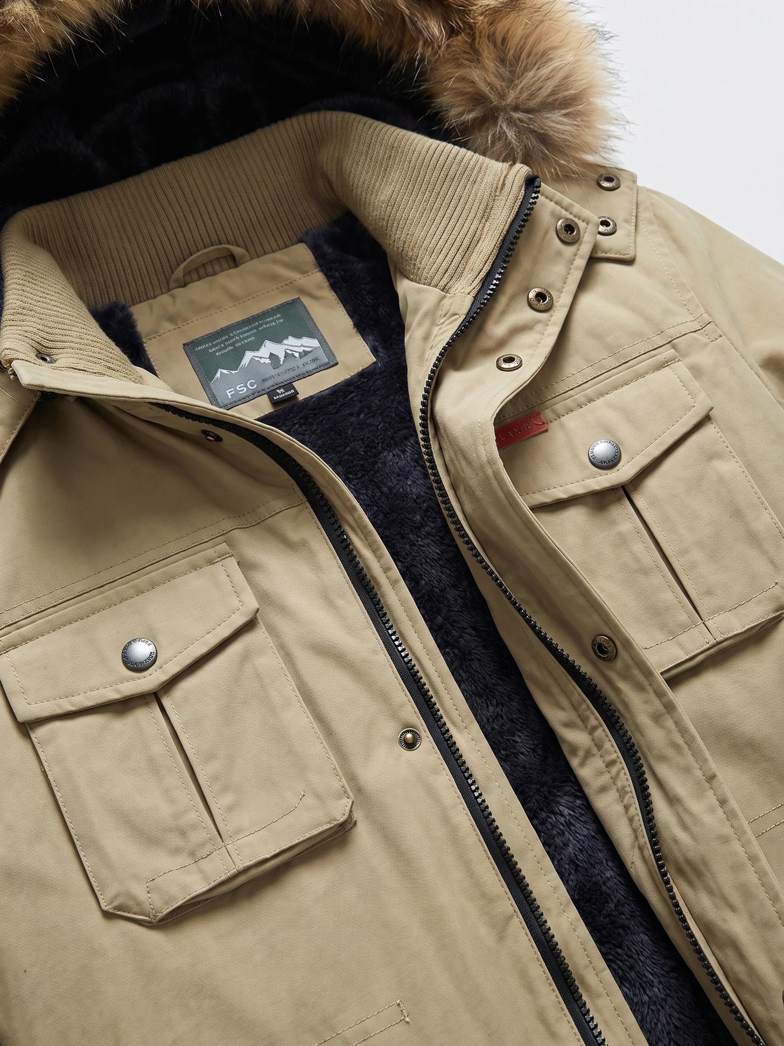 Khaki men's parka close-up showing the faux-fur-trimmed hood, ribbed collar, dark plush lining, zip front, and flap chest pockets.