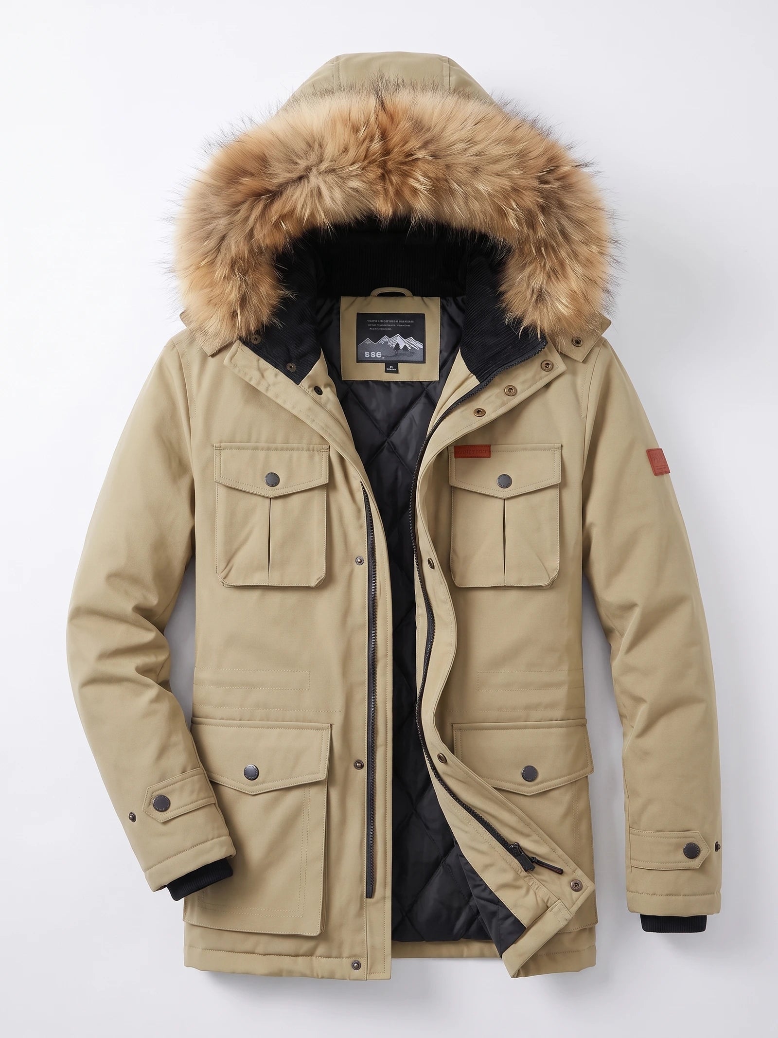 Khaki men's parka laid flat with a fur-trimmed hood, zip-and-snap front, quilted lining, and flap pockets.