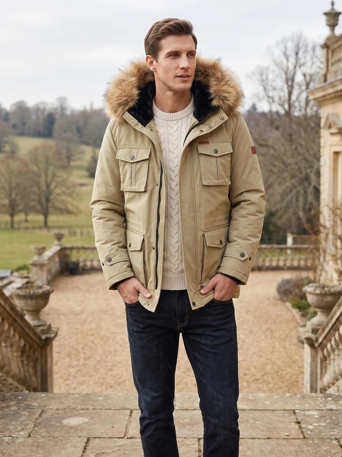 Model wearing a Khaki men’s parka with a fur-trimmed hood and flap pockets on a garden estate path.