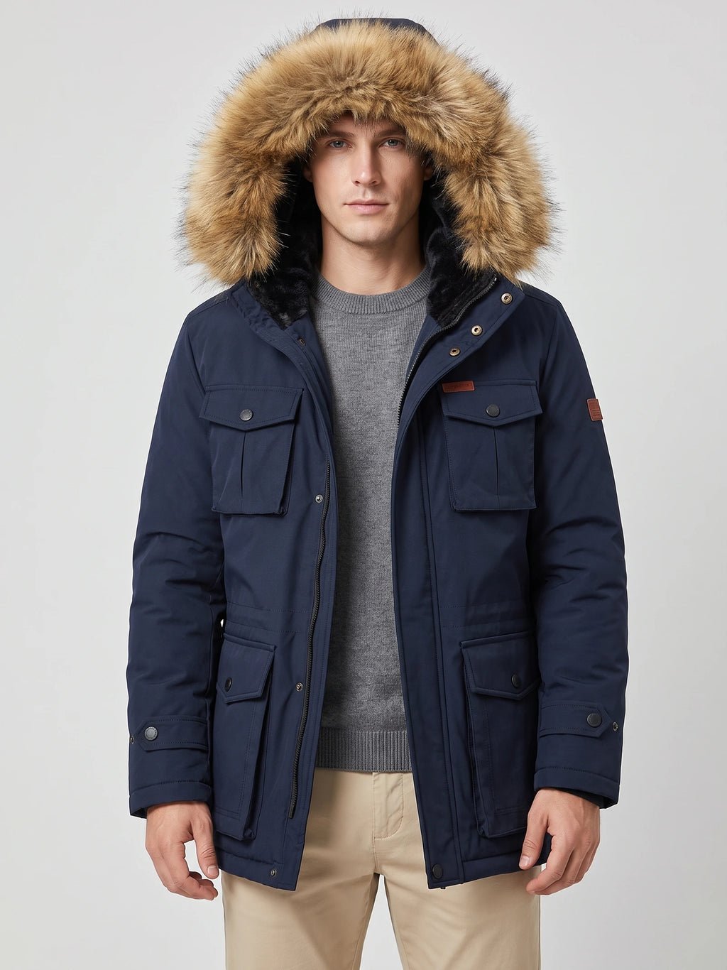 Front studio view of a model wearing a Navy men's parka with a fur-trimmed hood and flap pockets.