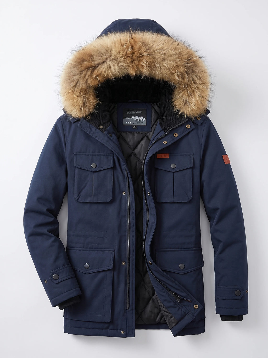 Navy men’s Parkas laid flat with an open front, fur-trimmed hood, quilted lining, and flap pockets.