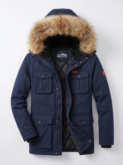 Navy men’s Parkas laid flat with an open front, fur-trimmed hood, quilted lining, and flap pockets.