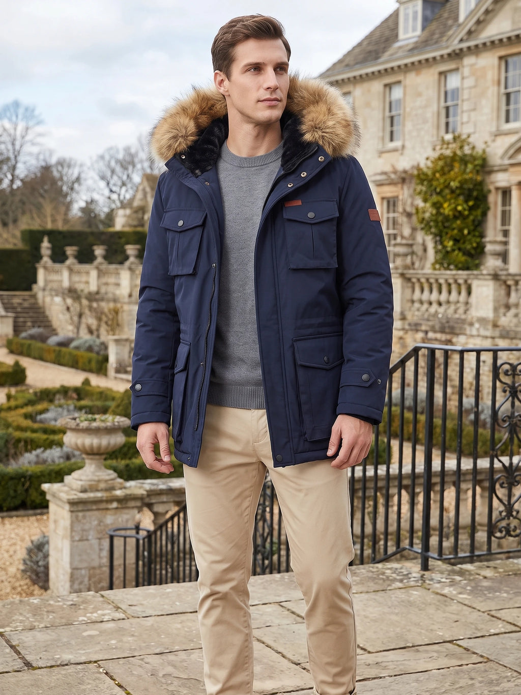 Model wearing a Navy men’s parka with a fur-trimmed hood and flap pockets outside a stone estate.