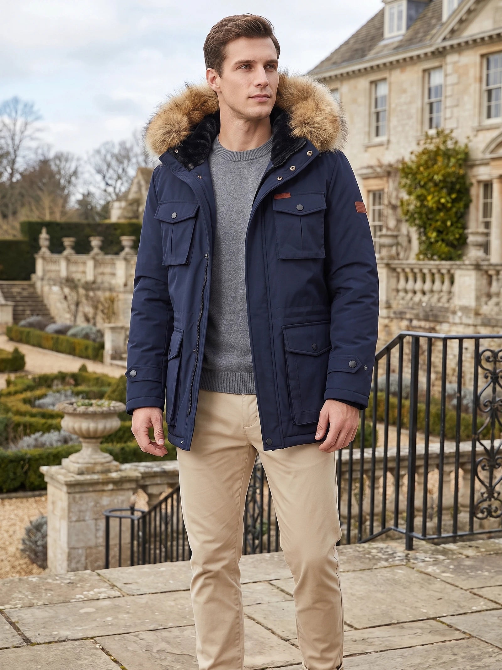 Model wearing a Navy men’s parka with a fur-trimmed hood and flap pockets outside a stone estate.