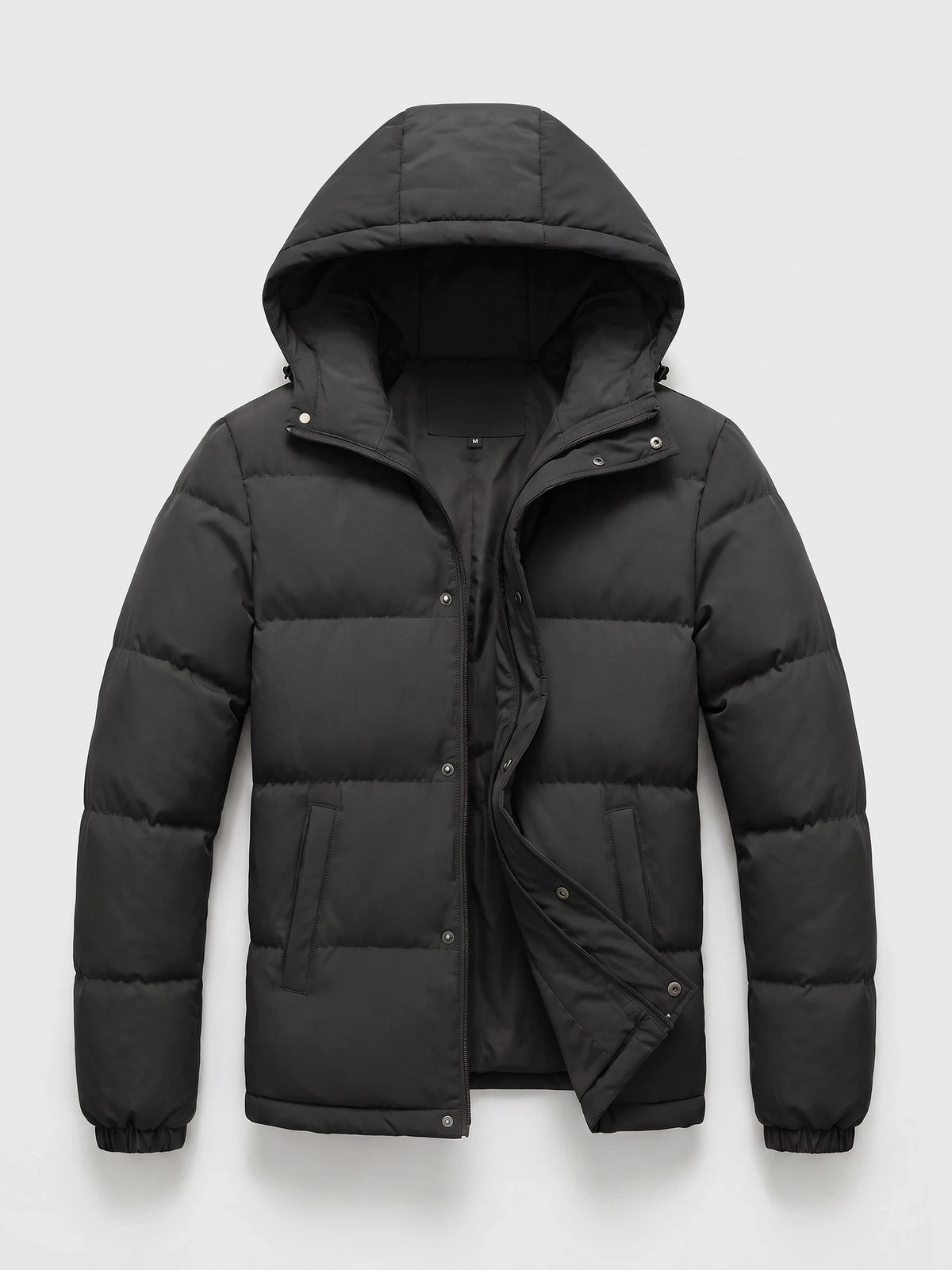 Black Hooded Puffer Jacket laid flat with an open front zipper, snap placket, and vertical front pockets.