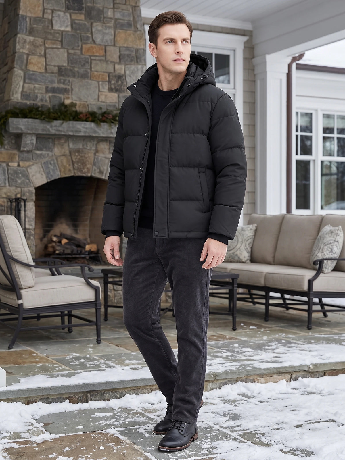 Man wearing a Black Hooded Puffer Jacket while walking on a snow-dusted patio outside a stone fireplace.