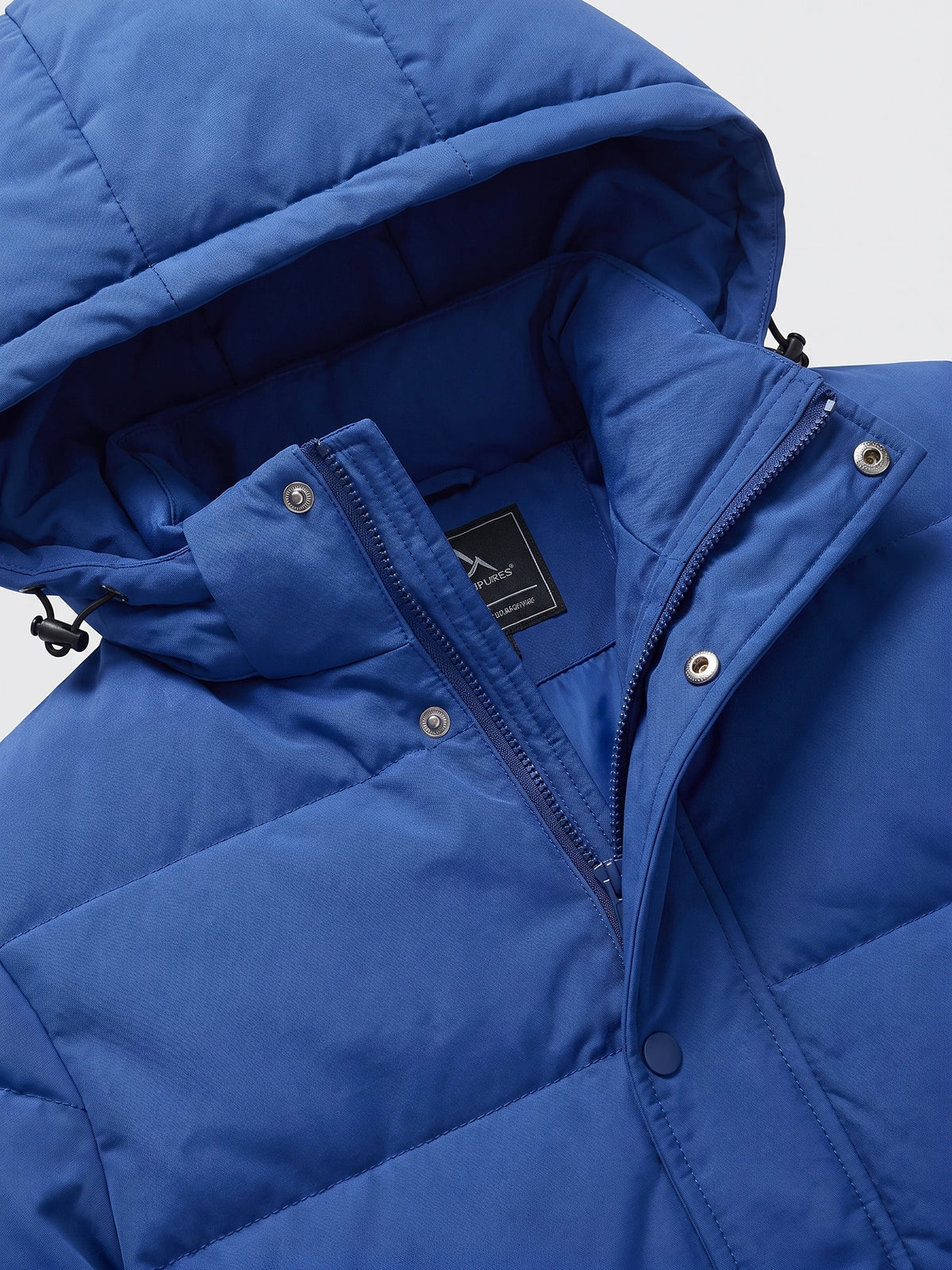 Close-up of the Blue men's Hooded Puffer Jacket showing the padded hood, zip front, snap-button storm flap, and drawcord toggles.