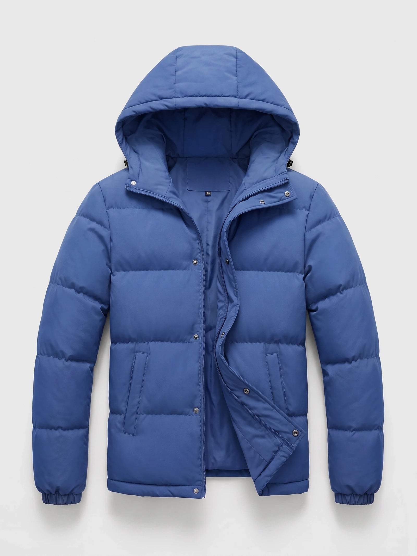 Blue hooded puffer jacket laid flat, showing quilted panels, zip-and-snap front closure, and front pockets.