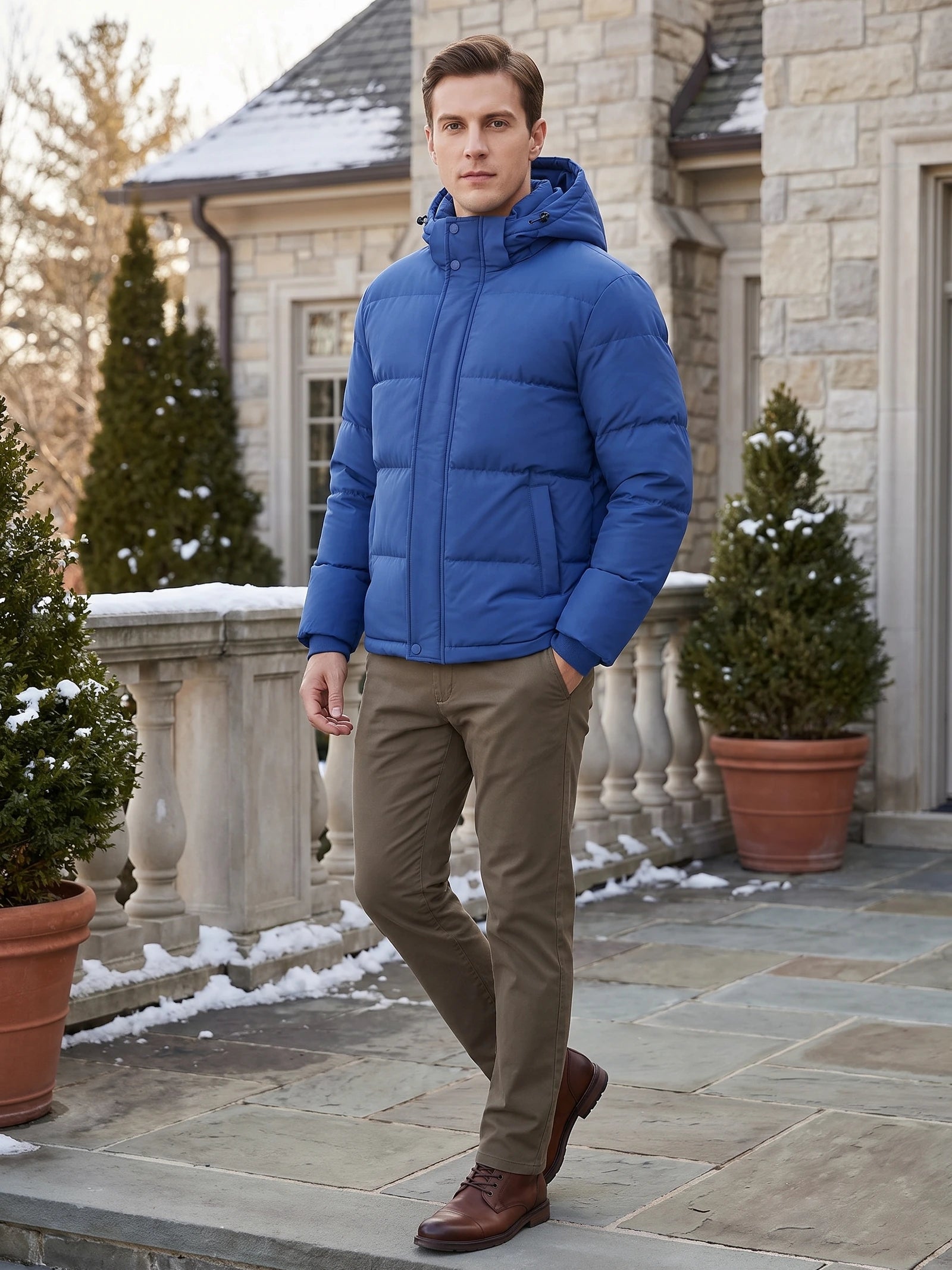 Model wearing a Blue Hooded Puffer Jacket while walking outside a snow-dusted stone home.