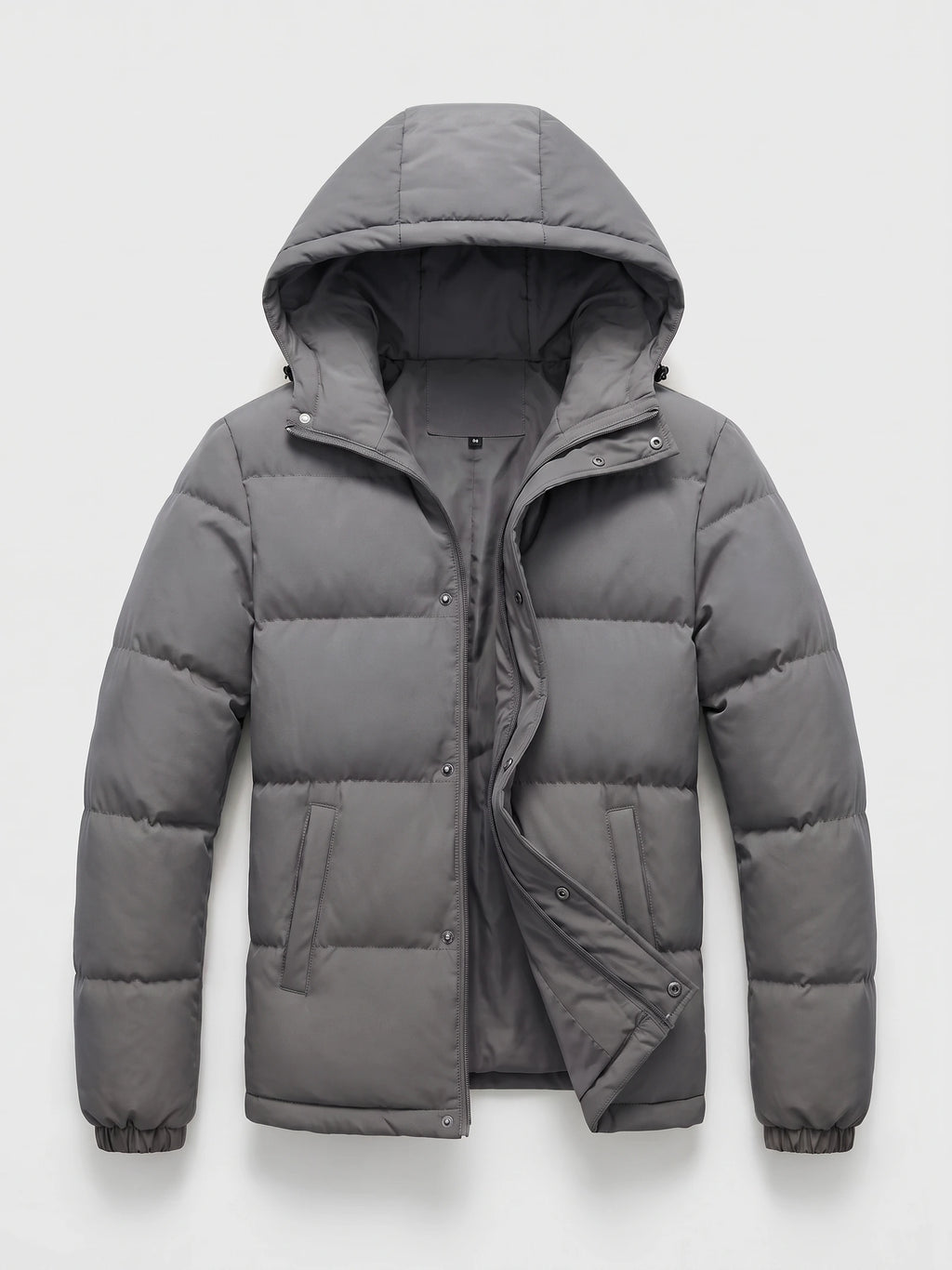 Gray hooded puffer jacket laid flat with an open zip-and-snap front, quilted panels, and slanted pockets.