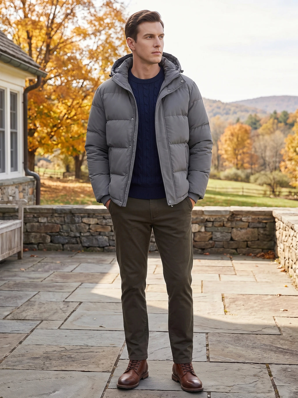 Man wearing a Gray Hooded Puffer Jacket on a stone patio beside a home with autumn trees in the background.