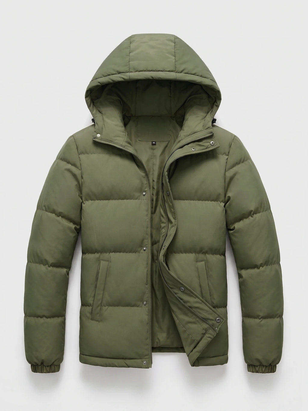Green hooded puffer jacket laid flat with a partially open zip-and-snap front, quilted panels, and front pockets.