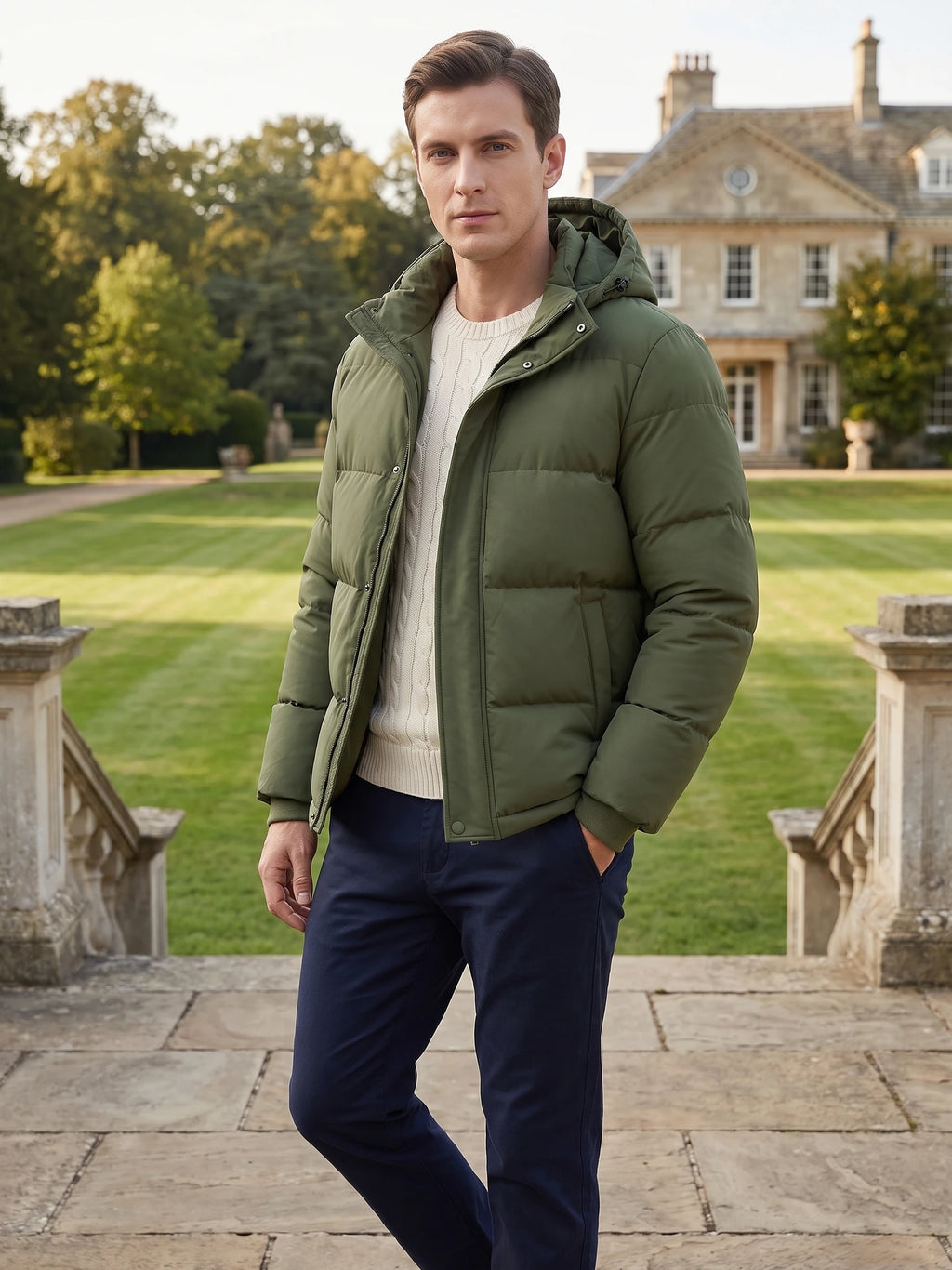 Man wearing a Green Hooded Puffer Jacket while standing on stone steps outside a stately home.